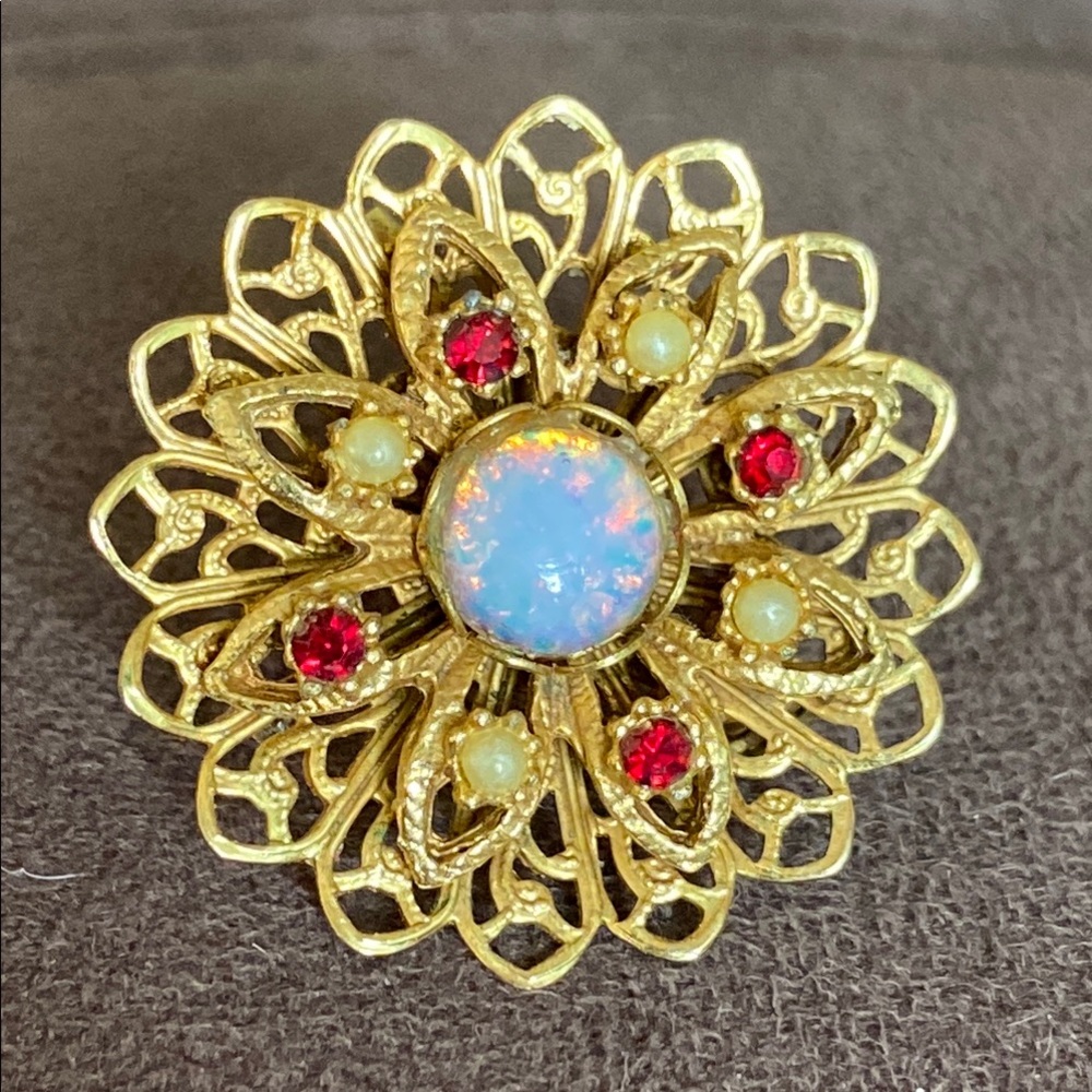 Vintage Elegant Opal Gold and Red Floral Brooch